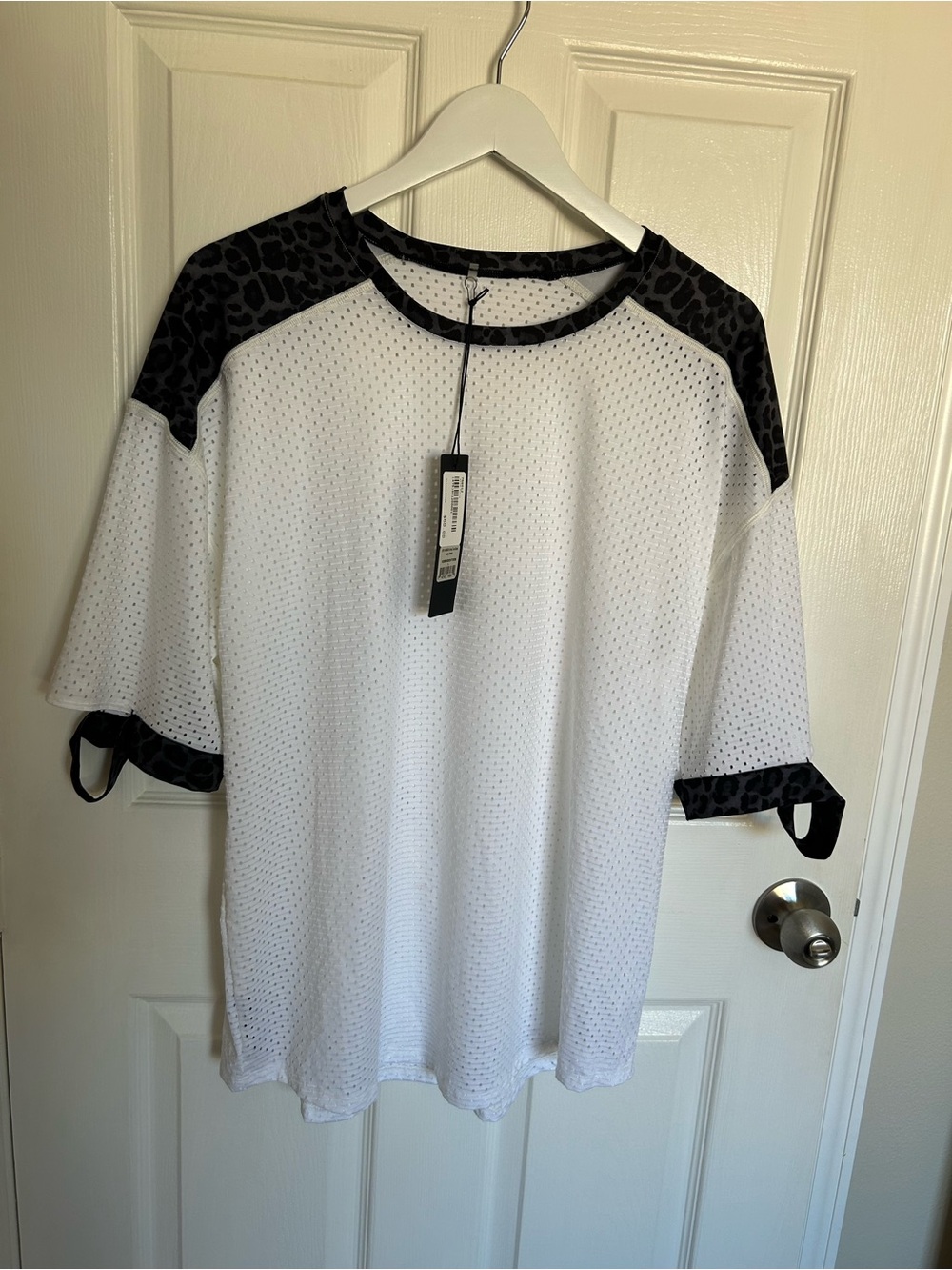 White Mesh Short-Sleeve Tee with Black Animal-Print Trim